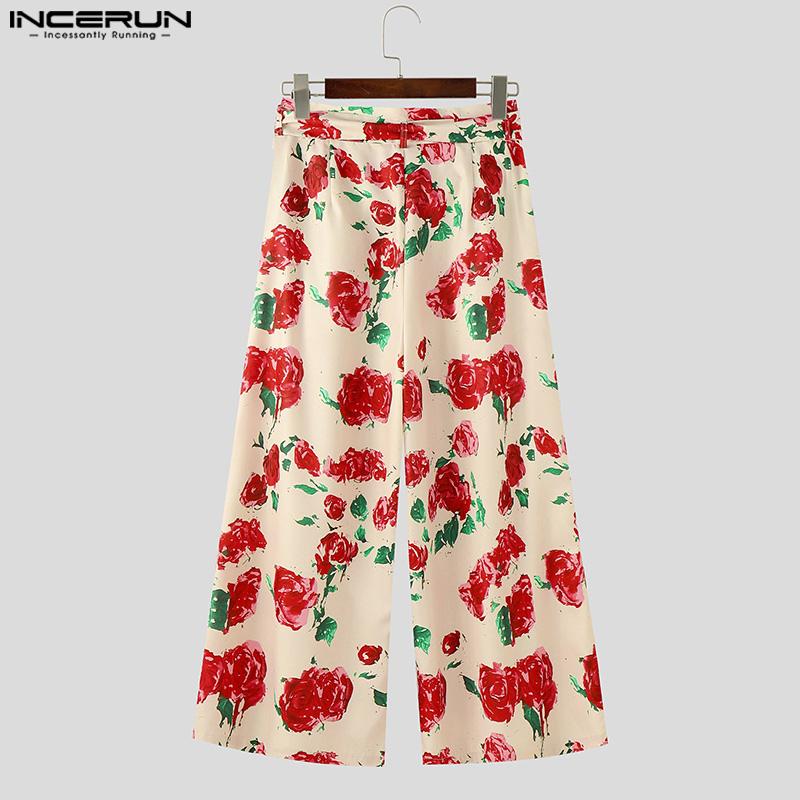 INCERUN Men Belt Zipper Waist Floral Print Casual Long Wide Legs Pants