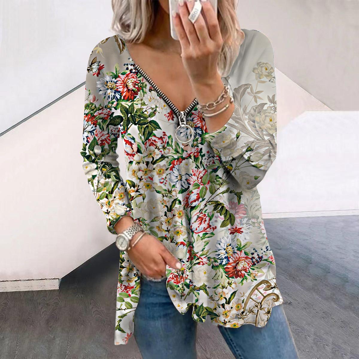 

Женские футболки с длинным рукавом и принтом в виде осенних цветочных зеленых листьев, свободные футболки больших размеров с V-образным вырезом, удобные блузки 8XL бежевый