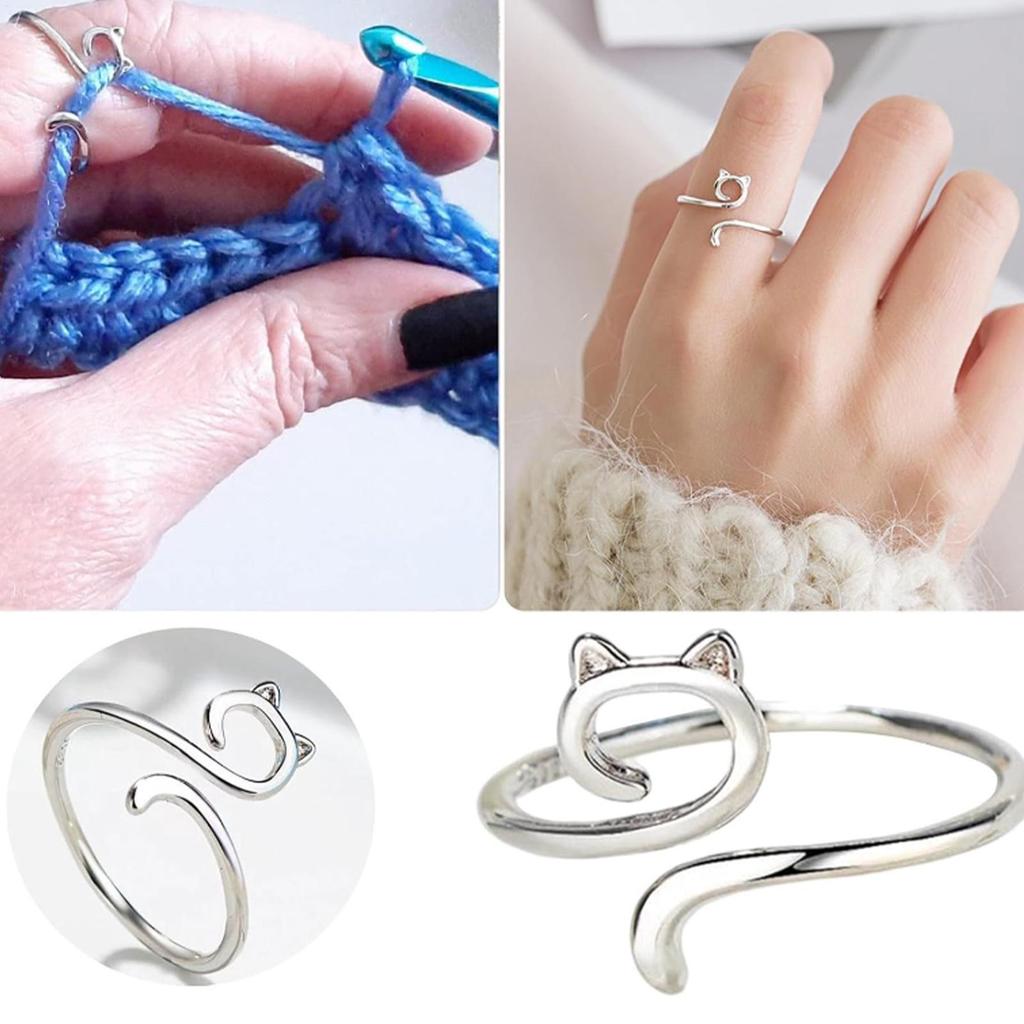 Adjustable Crochet Tension Cute Cat Ring, Beginner Knitting Crochet Hook Ring, Yarn Guide Finger Holders Thimbles Winder Tools