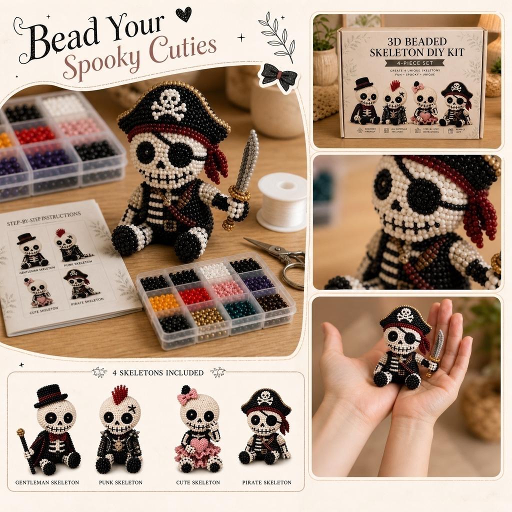 3D Beaded Skeleton DIY Kit 4-Piece Set Create Unique Skeleton Figures with Beads and Wire Frame Includes Instructions for Crafting and Display
