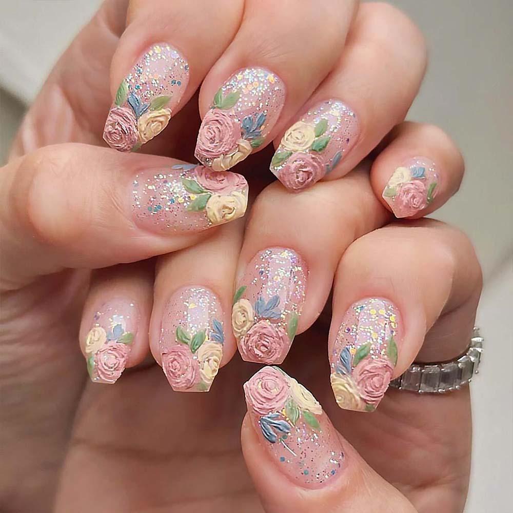 Pink rose nail sticker, fresh and sweet flower nail art sticker, light sticker, fit 5D relief without curling edge sticker
