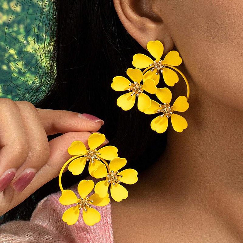 Obega Women Neon Pink Color Flowers Earring Stud Yellow Paiting Color Flower Sweet Summer Holiday Post Earrings Trendy Elegant