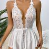 Sexy European & American Lace Mesh Deep V Backless Bodysuit Lingerie