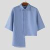 INCERUN Men Lapel Neck Short Sleeve Striped Casual Loose Irregular Cropped Shirts