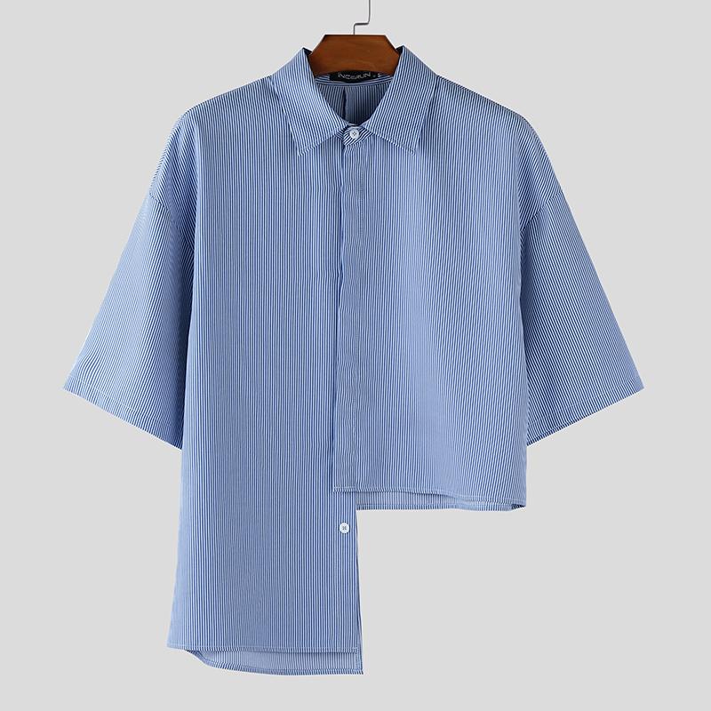 INCERUN Men Lapel Neck Short Sleeve Striped Casual Loose Irregular Cropped Shirts