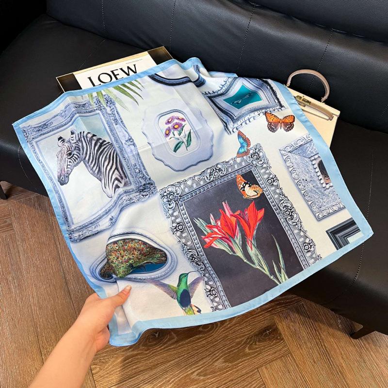 Fashion Black and White Printing Temperament Square Scarf Imitation Silk Korean Version Decorative Scarf Scarf Professional Decorative Shawl Silk Scar