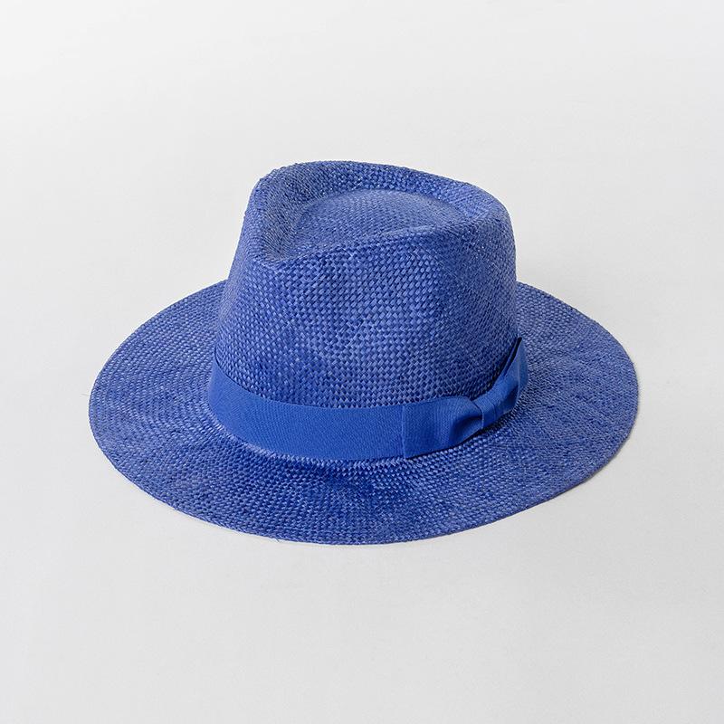Natural grass woven wide brimmed jazz hat with bow and ribbon for sun protection and sunshade grass hat