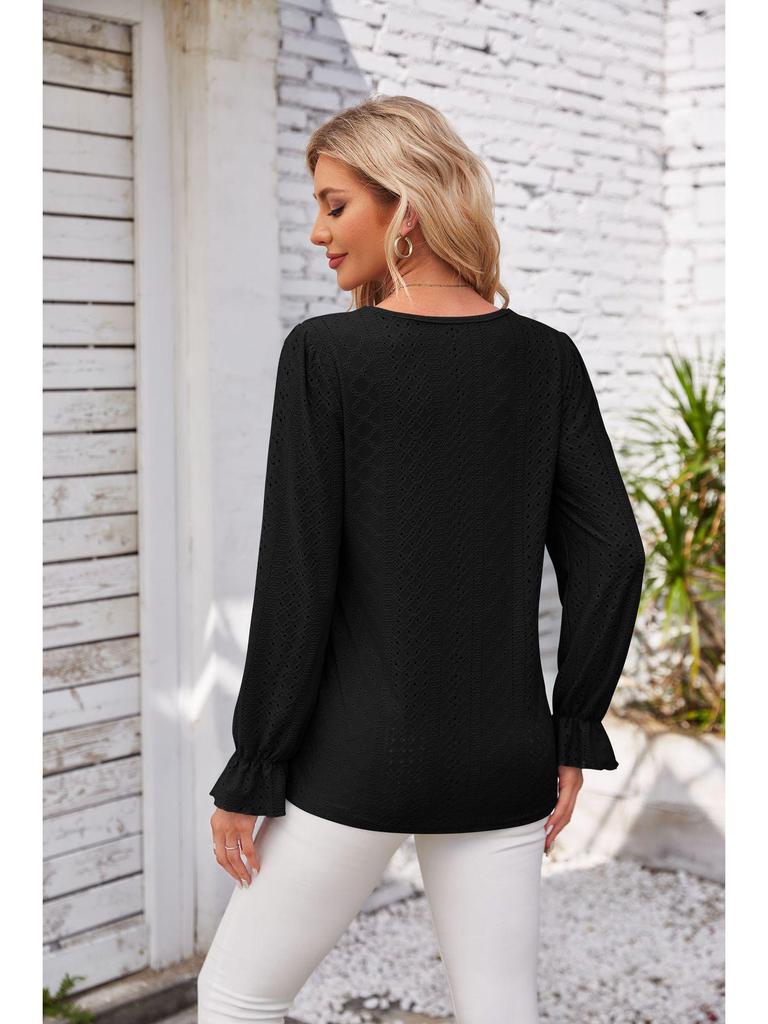 2024 Women's Solid Color V-Neck Long Sleeve Casual Loose T-Shirt