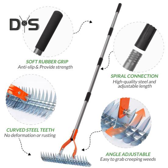 Weeding Rake Steel Thatch Rake with Adjustable Double-Sided Rake Tine Detachable Long Handle Garden Grass Grooming Rake for Healthy Lawn