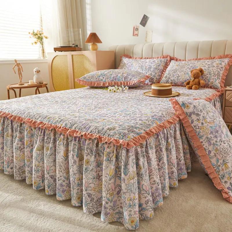 3pcs Floral Pattern Cotton Bed Skirt Seasonal Universal Thick Bed Sheets Ruffle Edge Skirt Hem Anti Slip Dustproof Bedspread