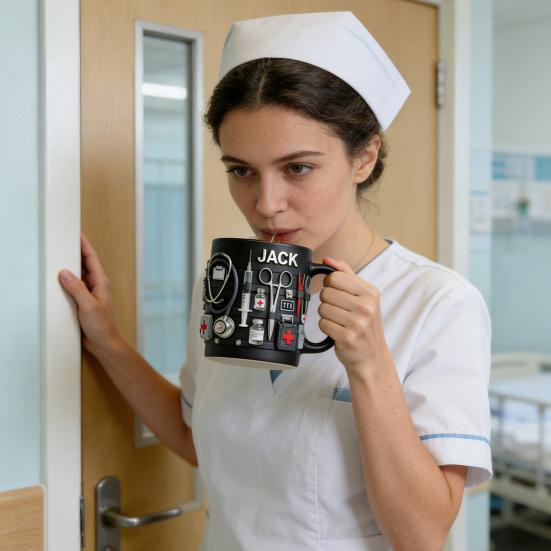 Personalisierte Tasse mit medizinischem Thema ER Jack Ersthelfer 3D Medizinische Werkzeuge Tasse Schwarze Keramik Kaffeetasse für Ärzte Krankenschwestern Praktisches Geschenk Sammlerstück