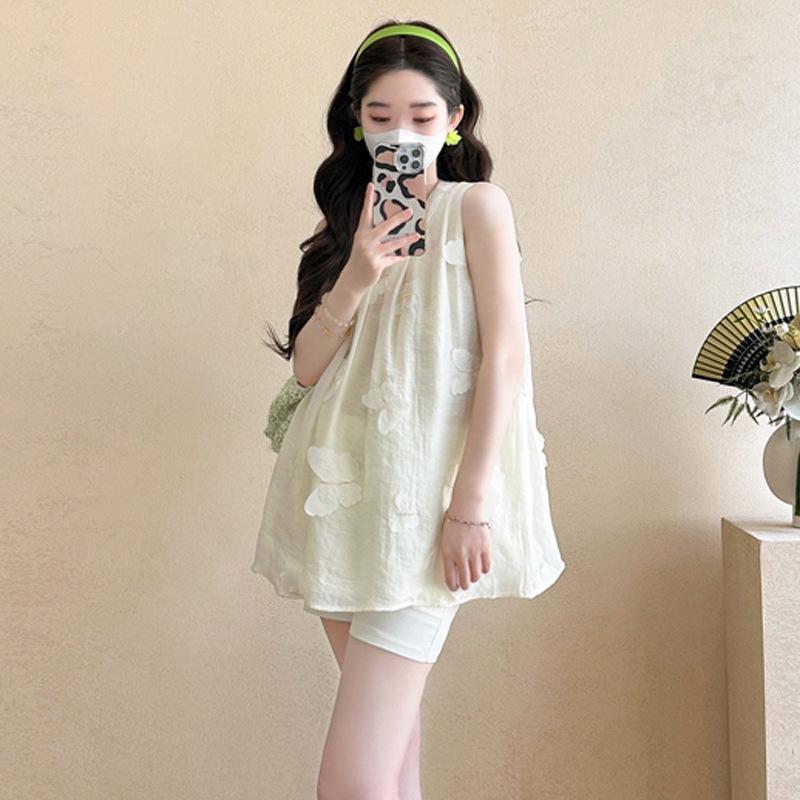 Summer Maternity Embroidered Chiffon Shirt & Tummy Support Shorts Set
