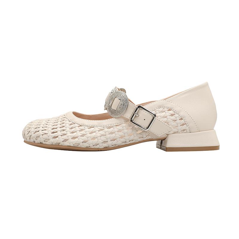 Woven Hollow Shoes Niche Mesh Toe Shoes Metal Buckle One-strap Women's Shoes Round Toe Flat Mary Jane Shoes