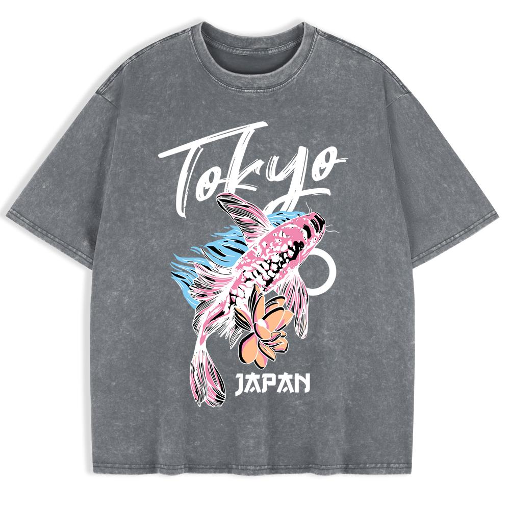 Japanese Koi Harajuku Printing Washed T-Shirts Mens Cotton Oversize T Shirt Summer O-Neck Short Sleeve Men'S Clothes