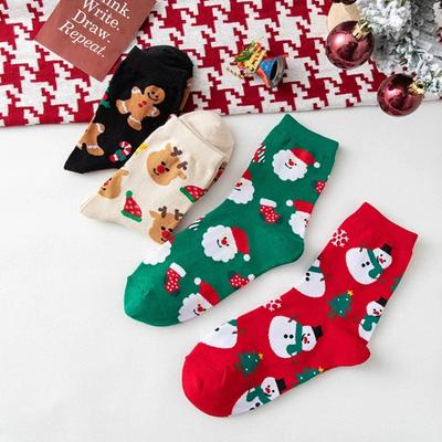 4 Pairs Cartoon Santa Claus Women's Socks Comfortable Harajuku Trendy Animal Socks Breathable Stars Christmas Gift