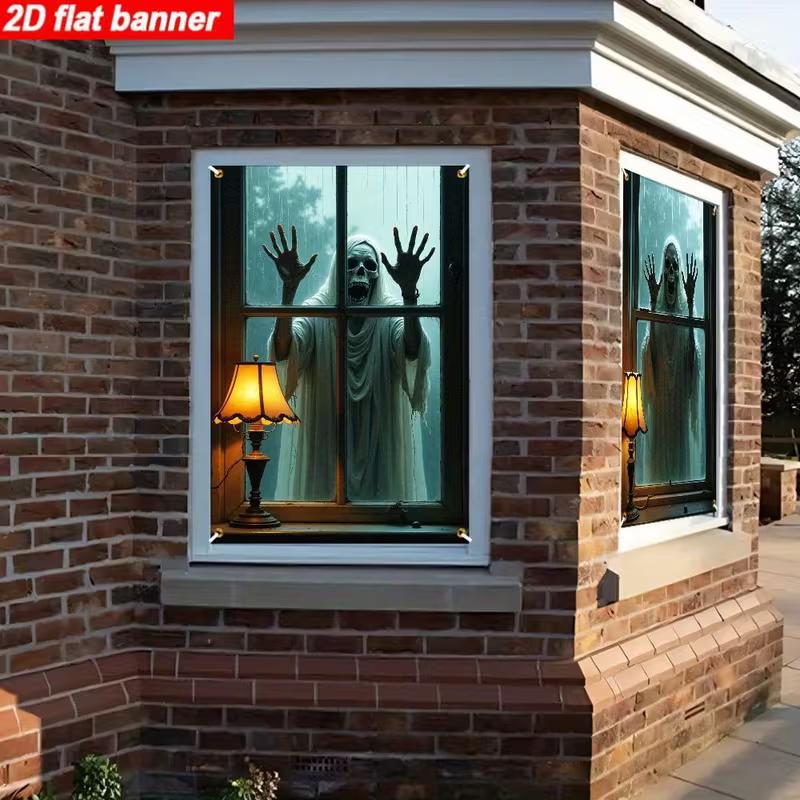 2D Halloween Ghost Skeleton Window Banner, Scary Party Door Decoration