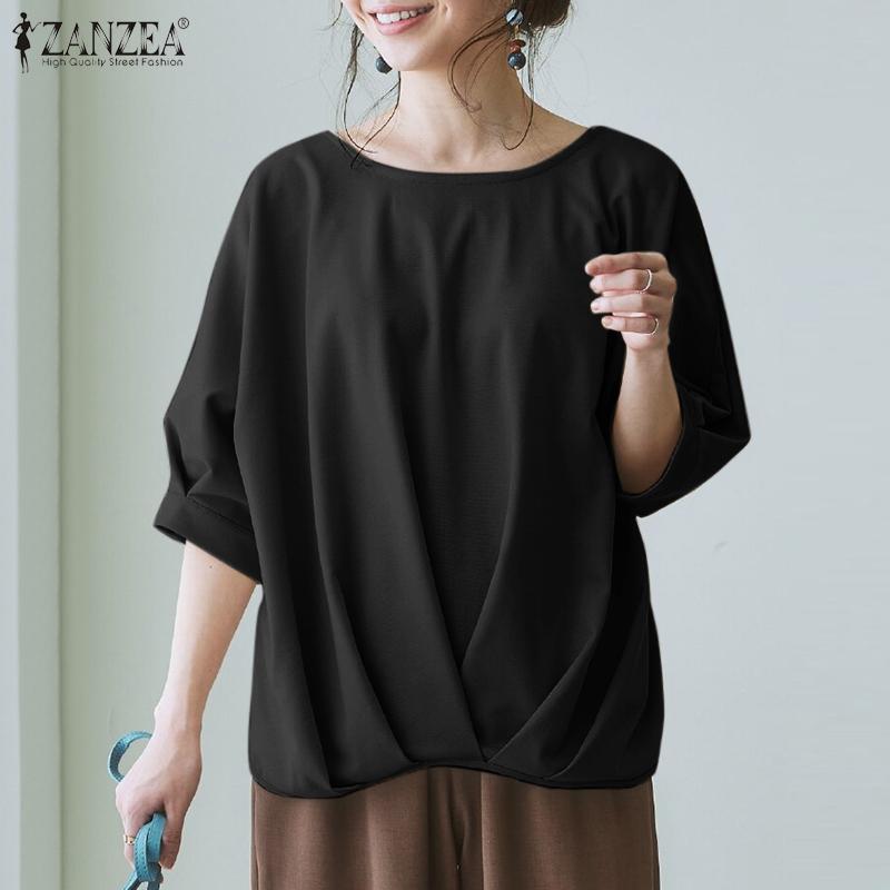 

ZANZEA Женская повседневная свободная летняя блузка с круглым вырезом и половиной рукавов