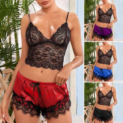 Damen Pyjama Set Spitze Pyjama Oberteil Satin Shorts mit Schwarzer Seiden Schleife