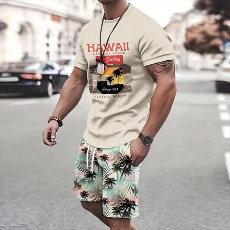 Summer Fashion Casual Men's Suit Gradient 3D Printed Sportswear Short-sleeved Suit Oversized Round Neck T-shirt Shorts 2-piece