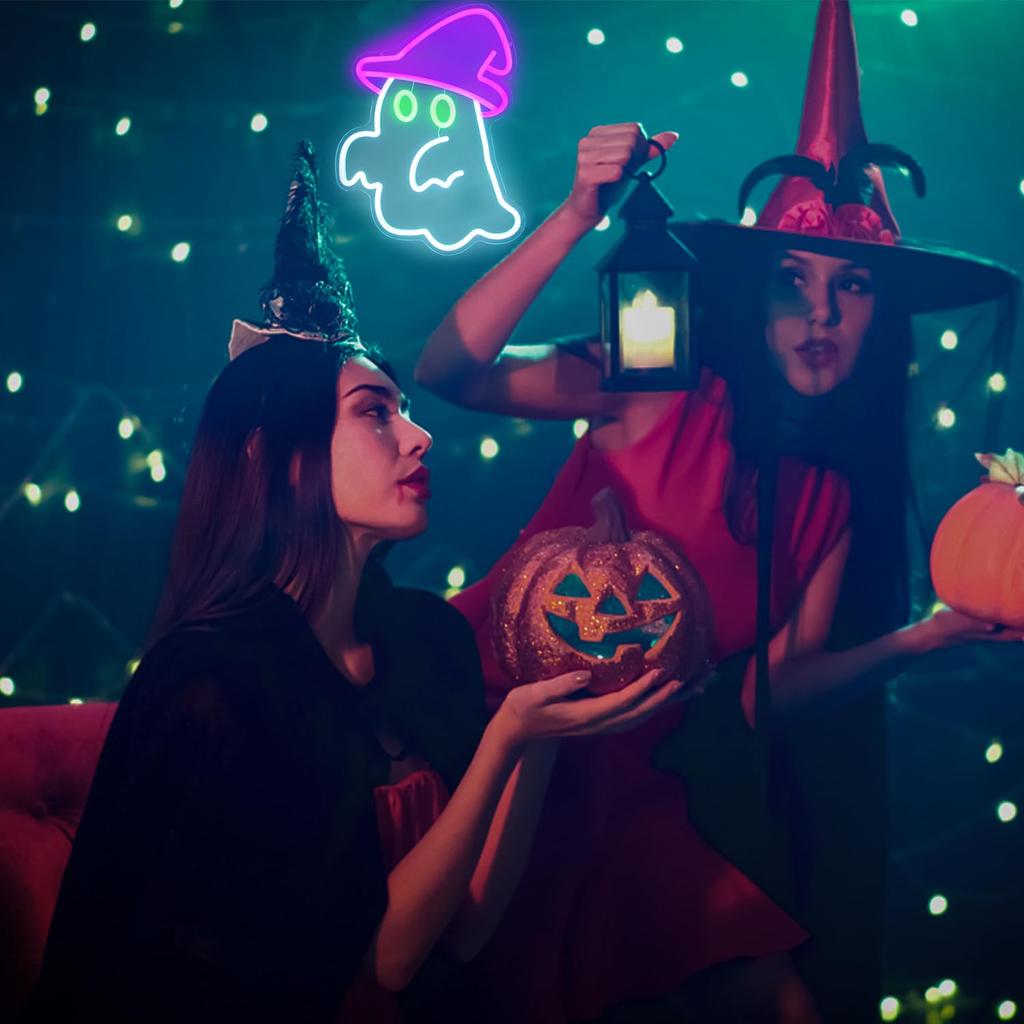 Witch Hat Ghost Neon Sign for Wall Decor Halloween Spooky Ghost LED Sign Gothic Lamp for Bedroom Bar Halloween House Party Decor