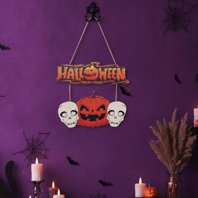 Wooden Halloween Ghost Door Sign 1D Flat Cartoon Halloween Pumpkin Welcome Sign with Lanyard Haunted House Hanging Door Plate