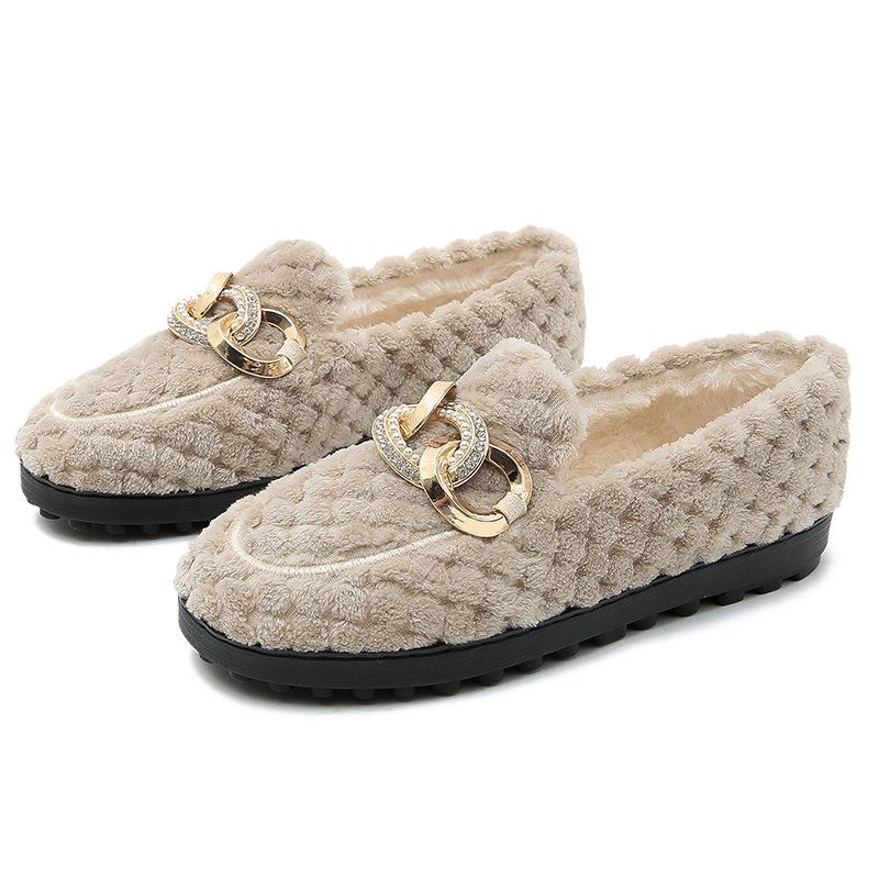 Mode Winter Verdickt Sohle Wollschuhe Frau Plüsch Fell Ballerinas Baumwolle Slipper Damen Marke Kristallkette Mokassin Femme Lammwolle Sneaker