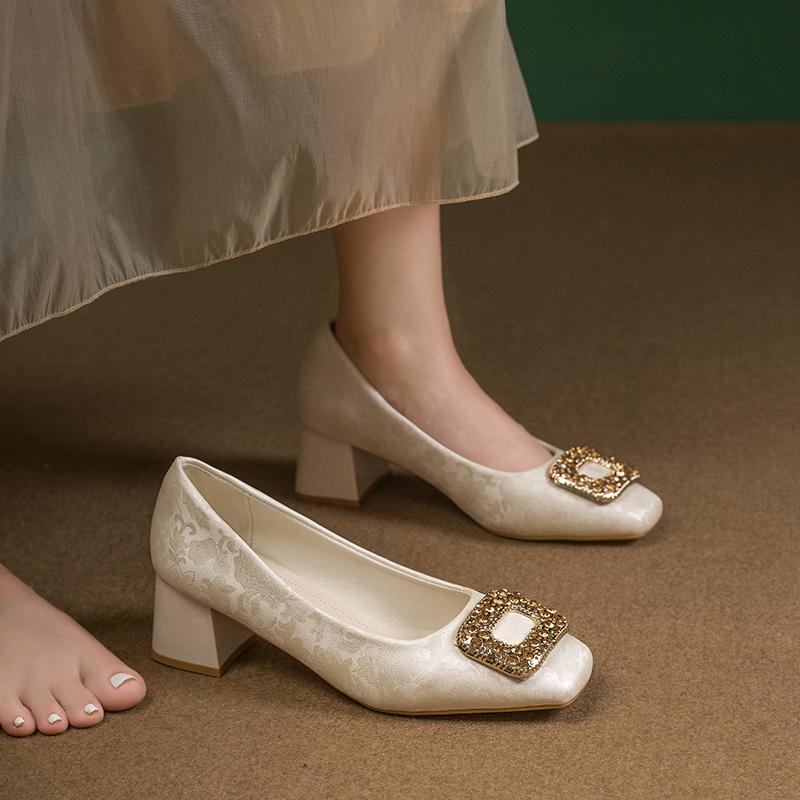 Woman Square Toe Buckle Shoes Rhinestone Retro Fetish Shoes Shallow Mouth 5CM High Heel Female Elegant French Suede Loafers