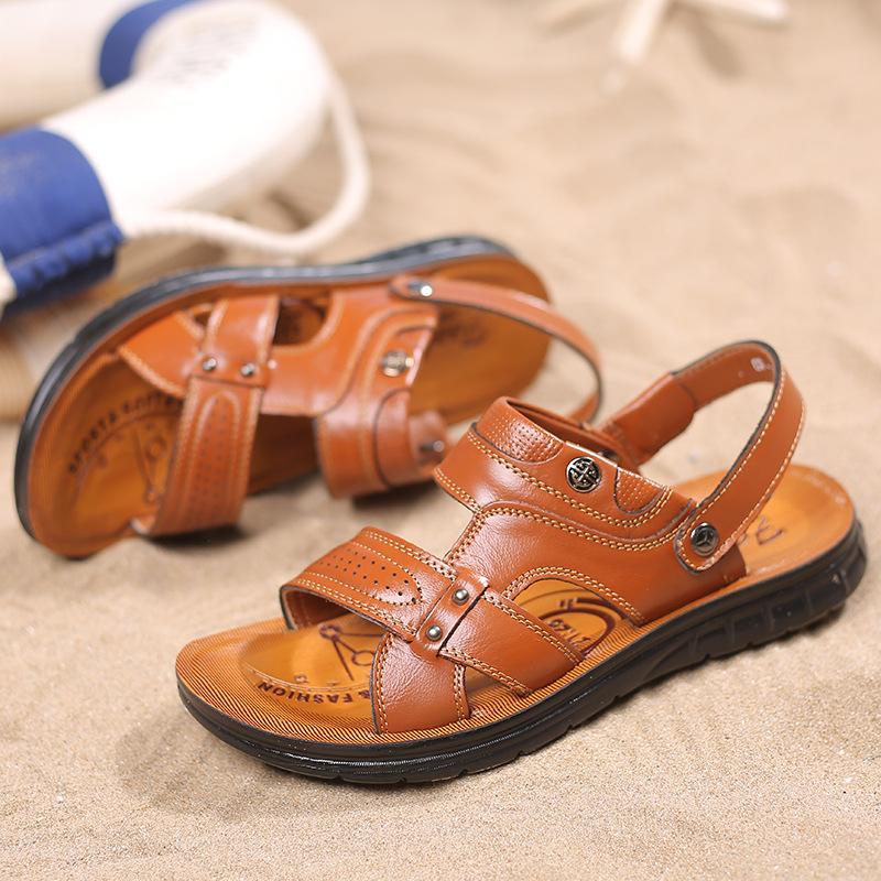 

Сандалии из коровьей кожи, мужские, лето 2025, новая дышащая кожаная верхняя одежда, повседневные, с мягкой подошвой, пляжные, двойного назначения, классные тапочки, дезодорант 44 жёлтый
