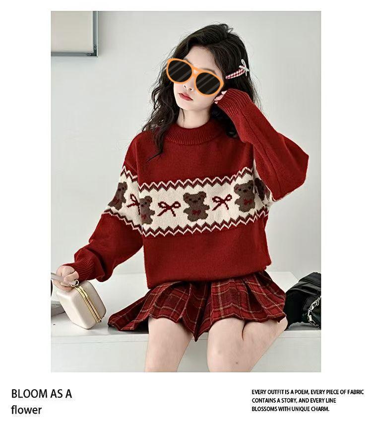 Girls' Red Round Neck Sweater - Autumn/Winter 2025 Knitwear for Big Kids, Perfect for Christmas & New Year