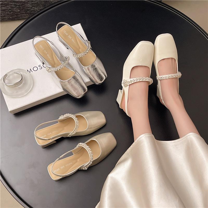 French Rhinestone Rear Empty Mary Jane Shoes Women's 2025 Summer New Versatile Thick Heel High Heels Retro Buckle Sandals