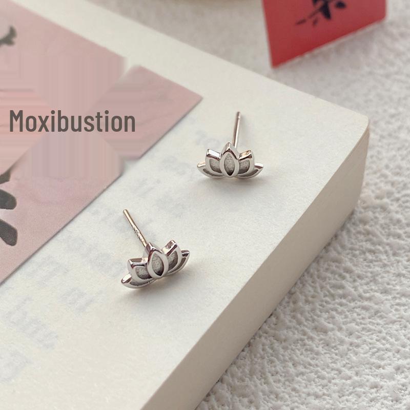 S999 Sterling Silver Chinese Lotus Stud Earrings for Women - Elegant, Simple Design with Ear Hole Care.