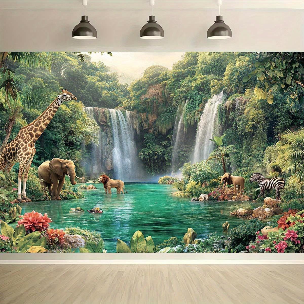 2D planar banner, 1 piece of waterfall jungle exploration background fabric - with patterns of giraffes, elephants and lions 100x150cm