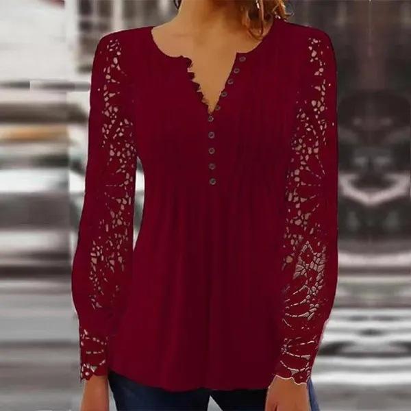 Chemisier à manches longues en dentelle pour femmes, mode printemps et automne, plis de pression, boutons de couleur unie, haut à manches longues