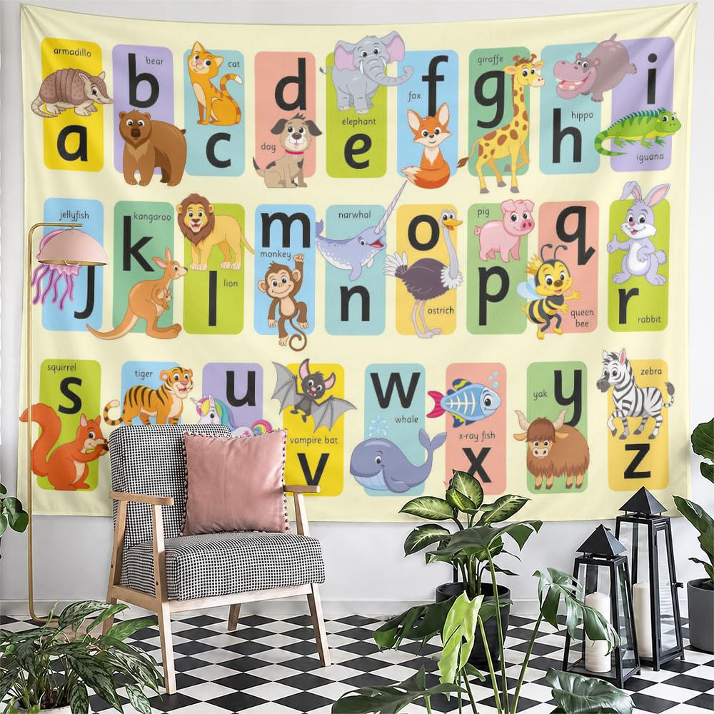 Alphabet animals illustrations colorful educational tapestry Patterned tapestry for bedroom and living room home decor sofas
