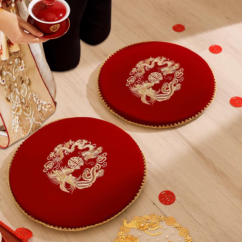 Double Happiness Red Kneeling Cushion Set for Wedding Tea Ceremony and Bride Fortune Rituals