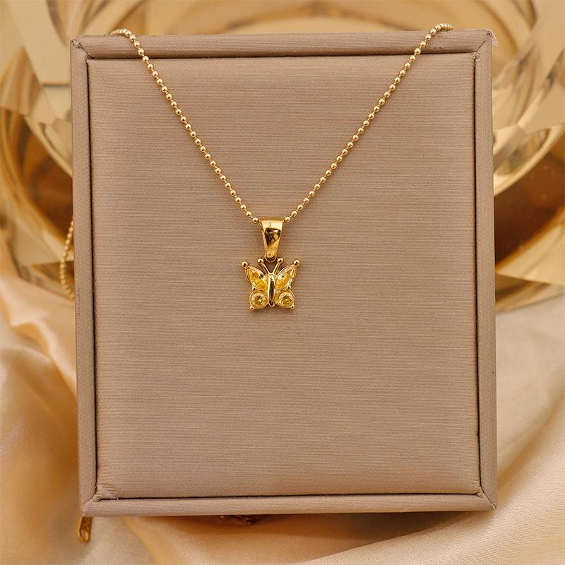Retro Commuter Christmas Necklace: 18K Plated Titanium Steel with Zircon Inlaid Colorful Butterfly Pendant for Women