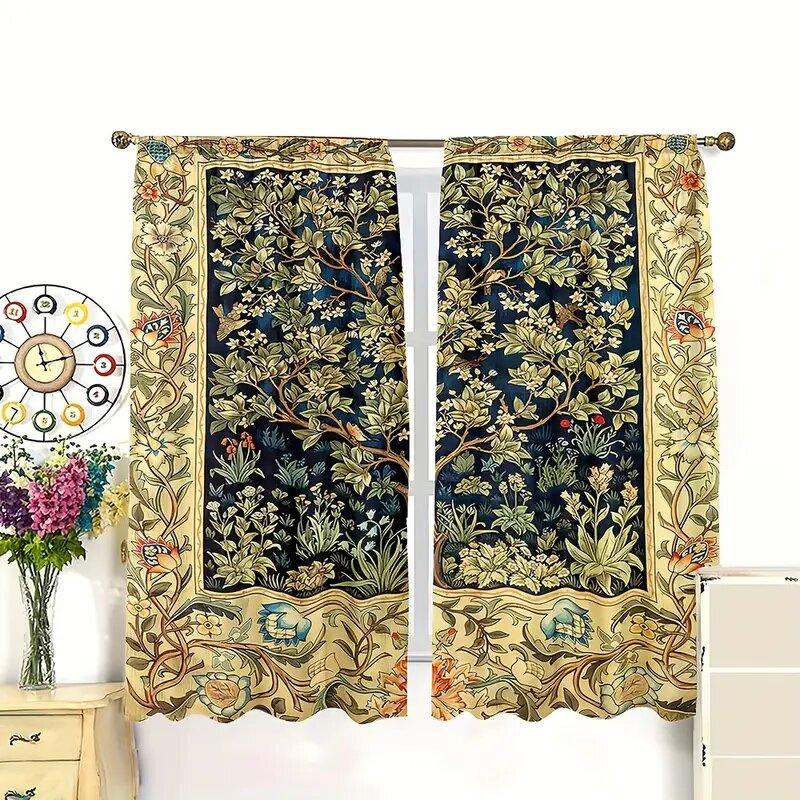 2 pieces - Flower-and-bird pattern printed curtains on trees, window decorations, home decorations, room decorations