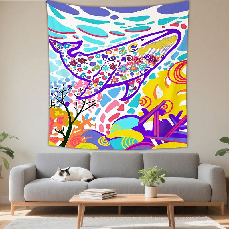 

Fantasy Colorful Whale Printed Tapestry Cartoon Bedroom Bedside Wall Background Cloth Nordic Childlike Graffiti Hanging Carpet 74x94cm(29x37in)