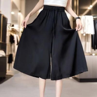 Women Skirt Pants Elastic Waist Adjustable Drawstring Ice Silk Cropped Pants Solid Color Casual Loose Fit Culottes