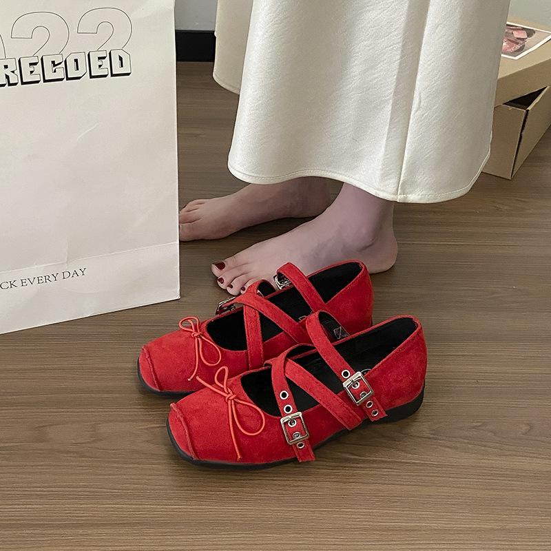 Height-increasing Square Head, Light Mouth, Black Small Leather Shoes, Retro Spring Cross-buckle, Ballet Single Shoes for Women