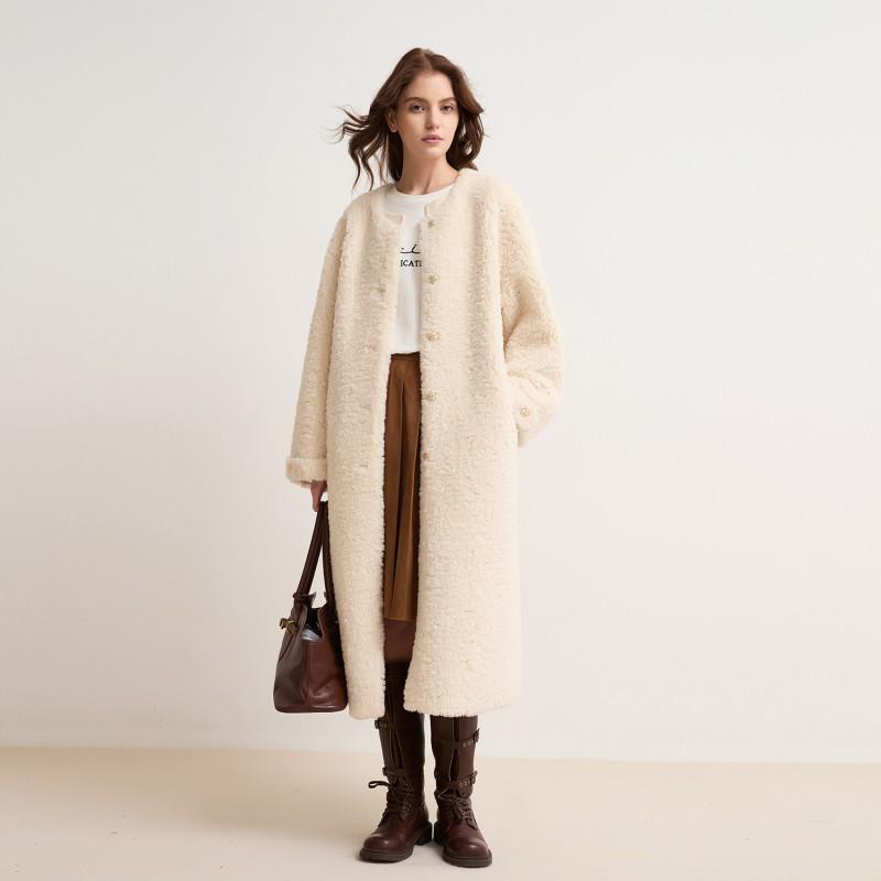 Womens Winter Faux Fur Coat Loose Fit Round Neck Mid-Length Solid Color Fleece Outerwear