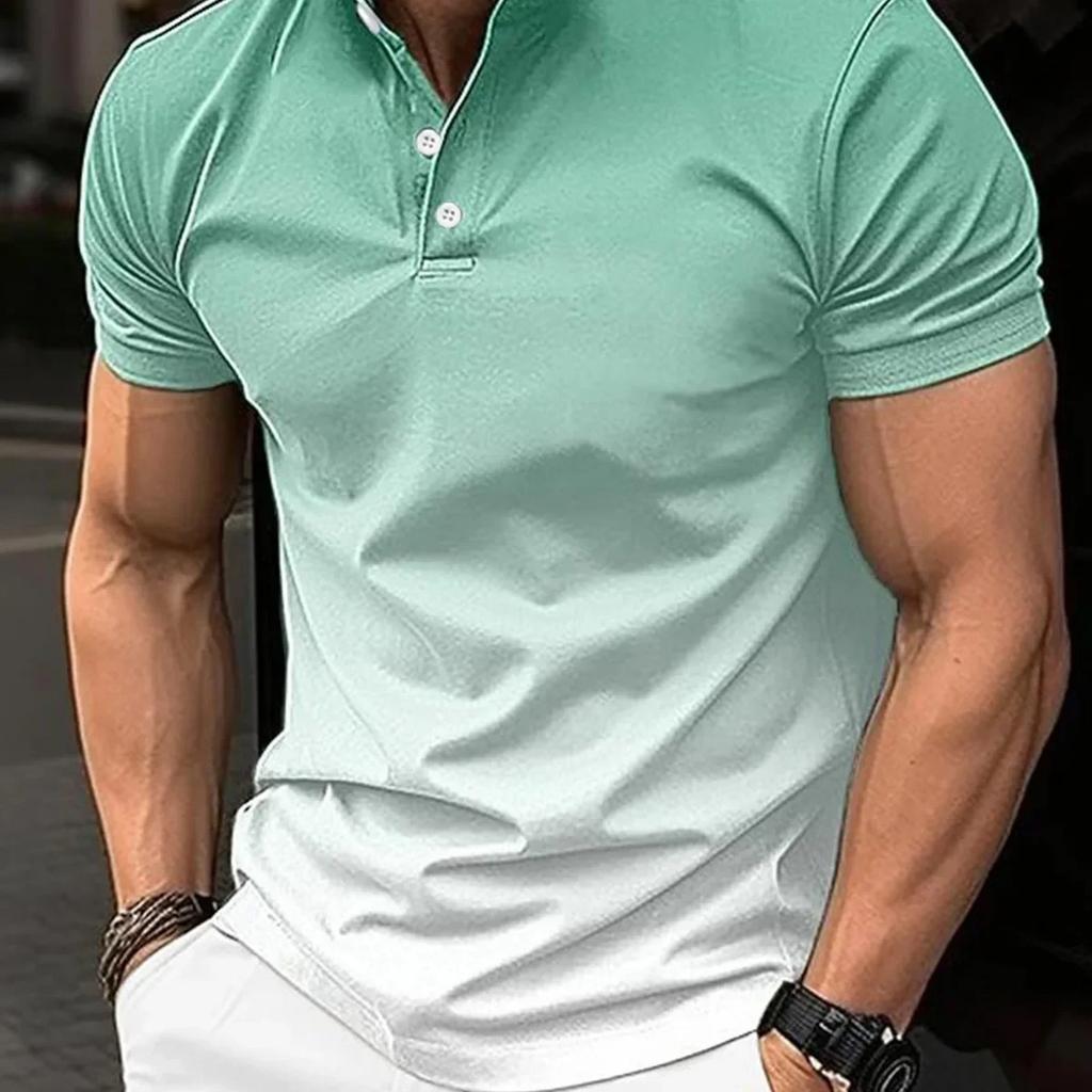 Vår/Sommar Ny Herrtopp Stående Krage Gradient Casual Kortärmad Golf Henley-skjortor för Män