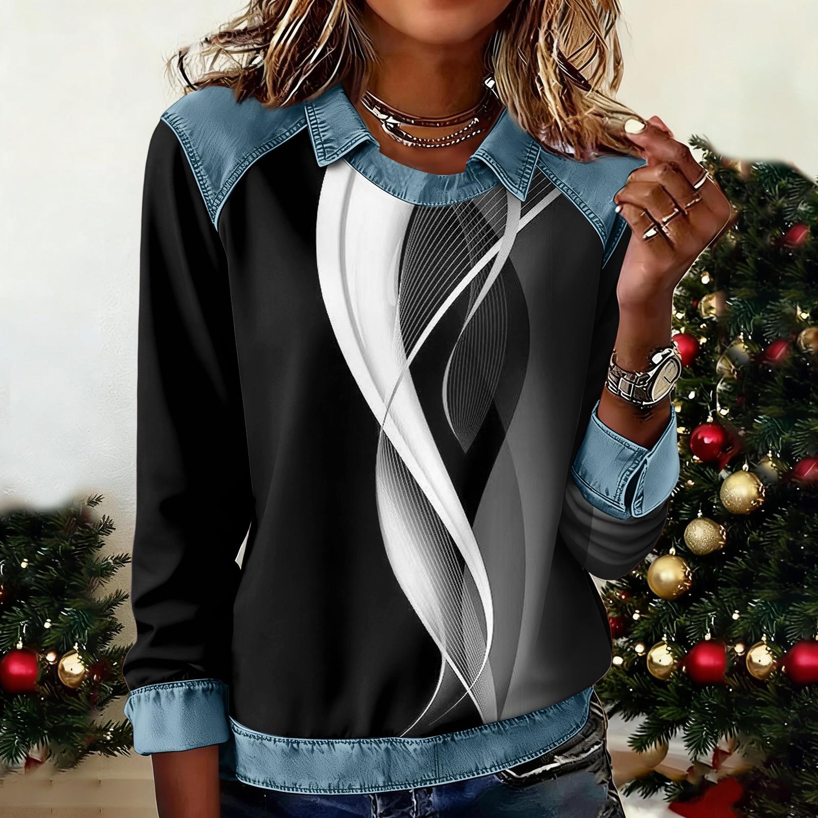 Женская модная толстовка с длинными рукавами-клеш, из денима в стиле пэчворк, с принтом, повседневный пуловер L