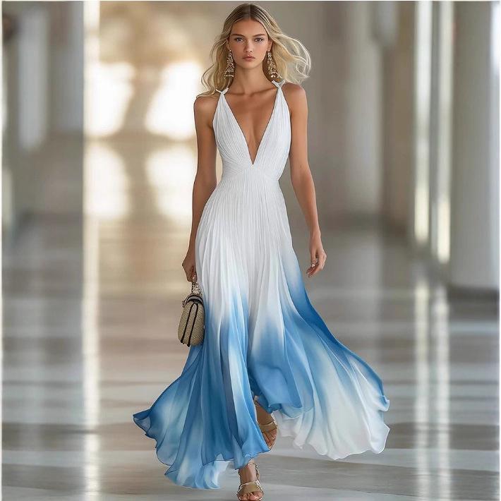 Elegante Abito Lungo in Chiffon Pieghettato Blu e Bianco con Scollo a V