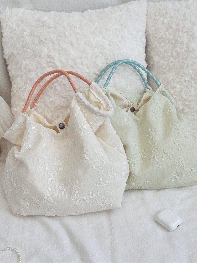 Stylish Summer Thin Embroidered Floral Tote Bag For Commuting Soft Canvas Handbag