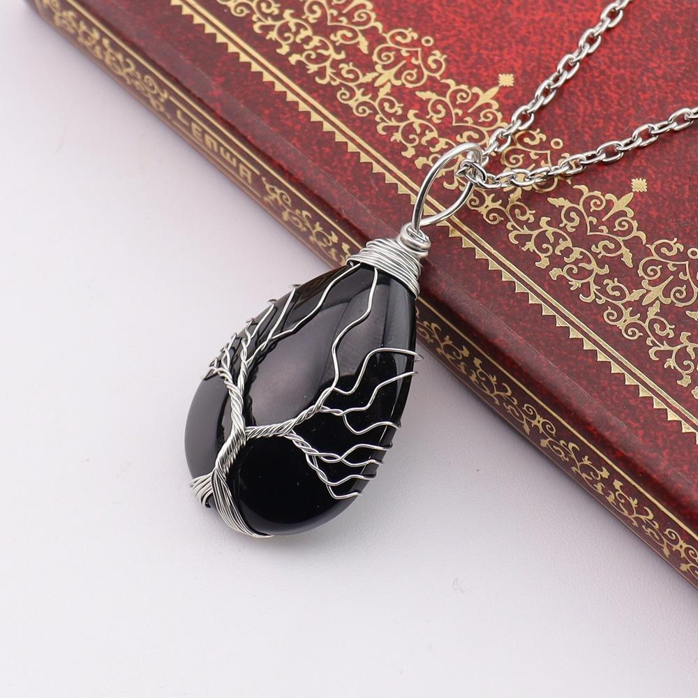 Natural Stone Crystal Agate Water Drop Winding Silk Tree Of Life Pendant Necklace Sweater Chain Water Drop Rough Stone N779