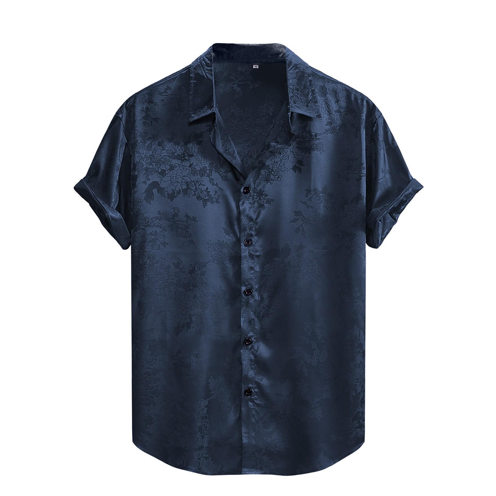 

Men s Silk Satin Floral Short Sleeve Button-up Shirt Fashion Ball Party Shirt M Темно-синій