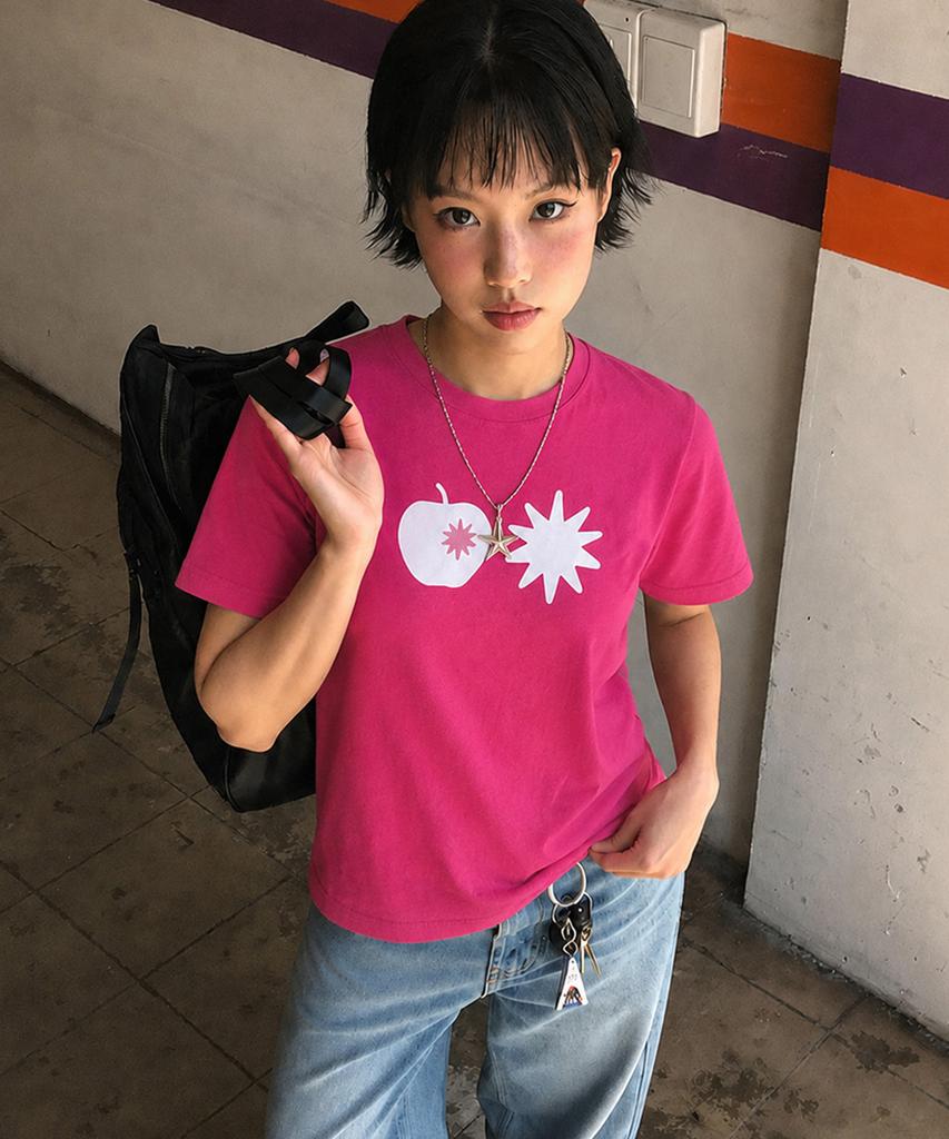 Nyuyogwogseu Apple Print Short Sleeve T-Shirt_Hot Pink