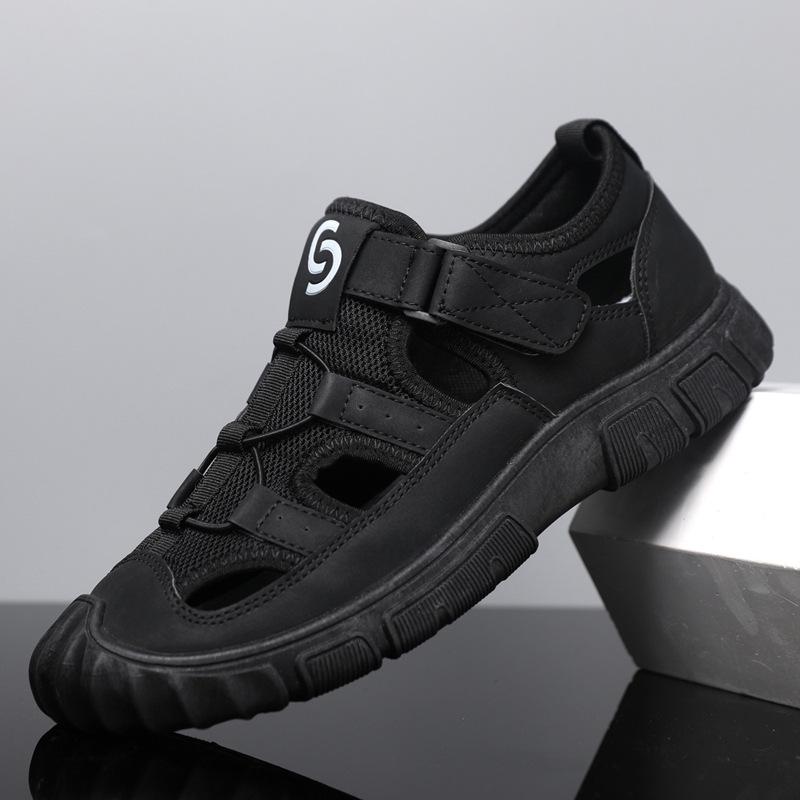 Men's 2024 Summer Genuine Leather Mesh Sandals - Breathable Soft Sole Casual Beach Shoes