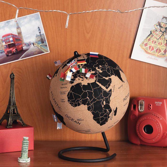 TRIPVEA® Globo terráqueo 24 cm vintage de corcho + 342 banderas adhesivas para clavar - Mapa del mundo decorativo tema viaje